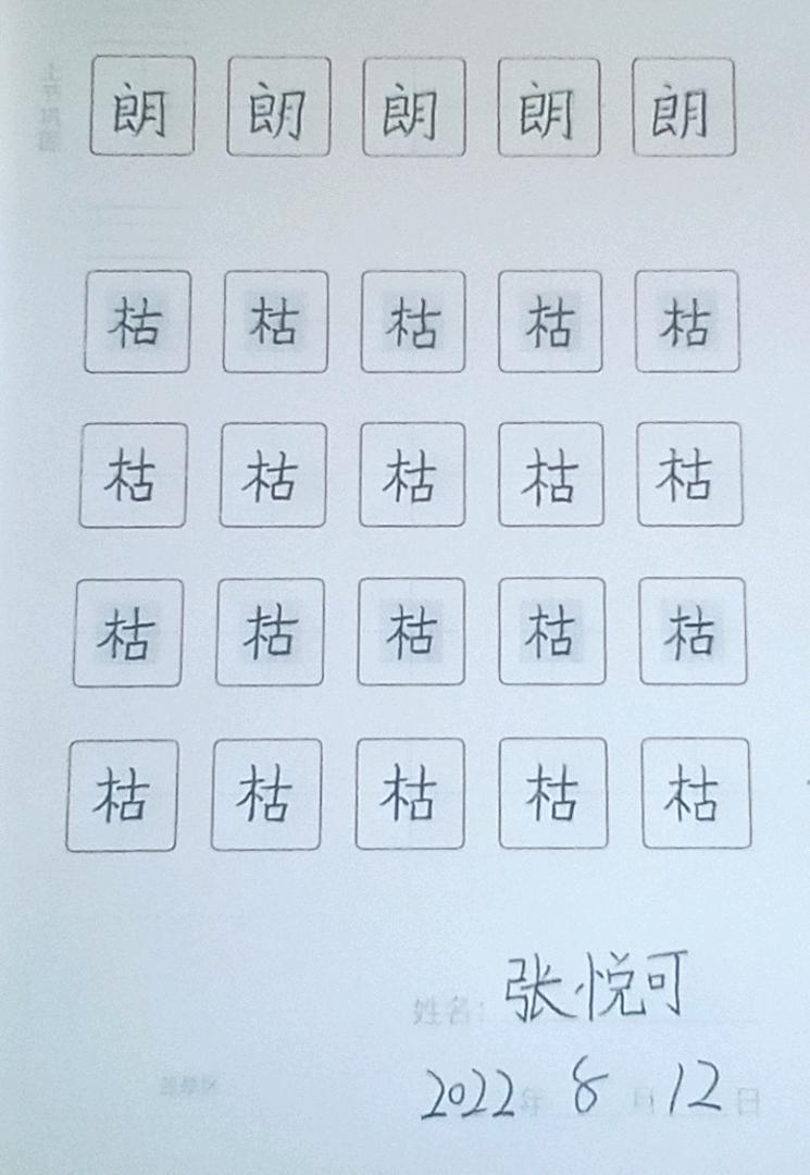 龟小兔写字优秀作品展示：张悦可/二年级/练字1天
