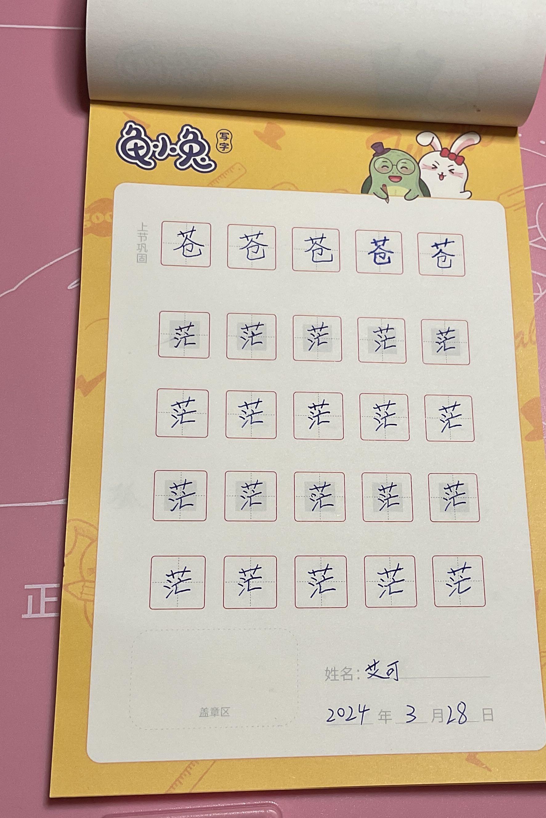 龟小兔写字优秀作品展示：艾可/三年级/练字1天