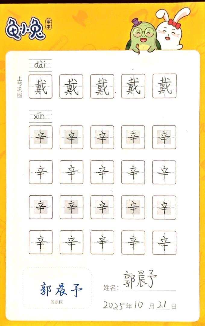 龟小兔写字优秀作品展示：阳阳/二年级/练字1天