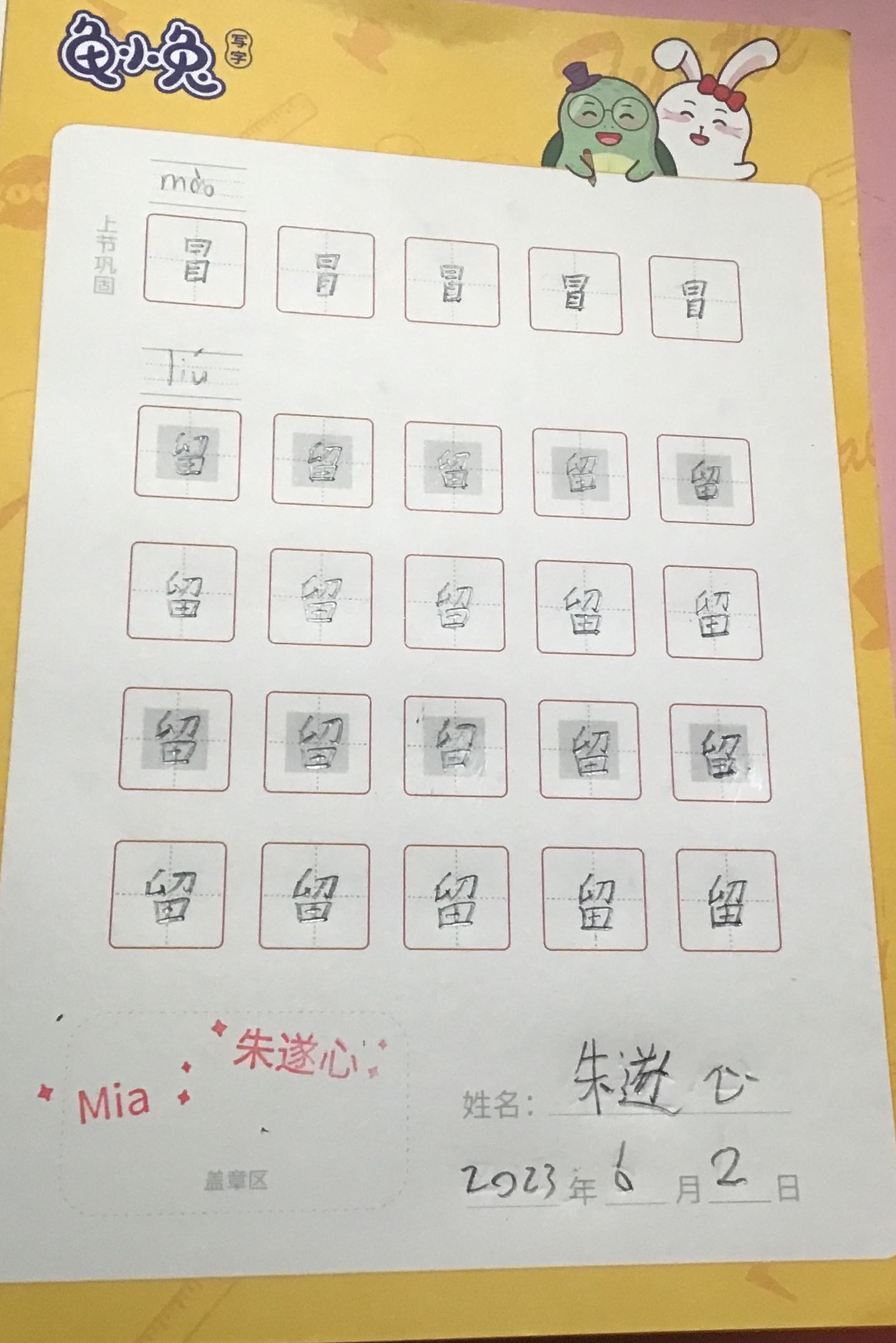 龟小兔写字优秀作品展示：朱遂心/二年级/练字1天